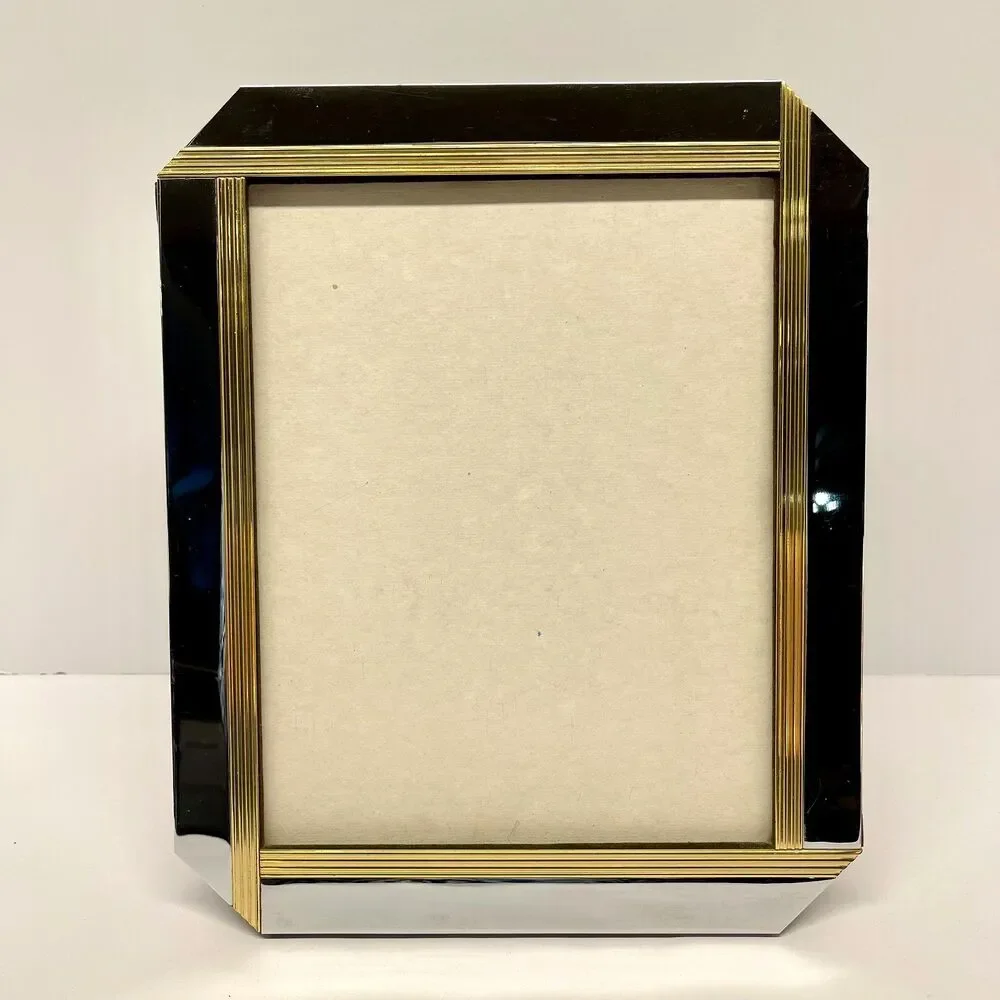 Art Deco Style Chrome & Gold Ribbed 8x10 Picture Frame Heavy Tabletop-Vintage